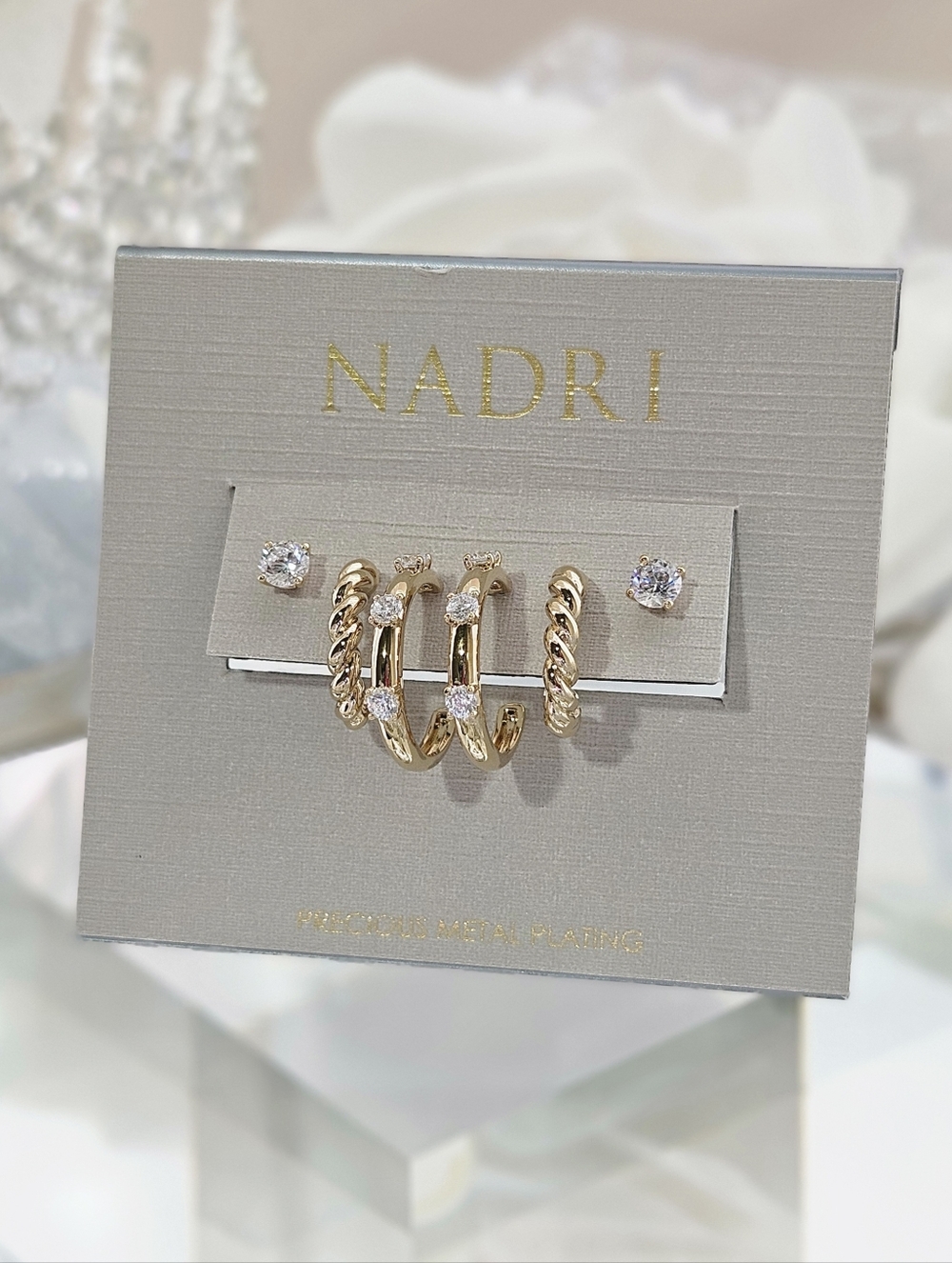 Nadri Gold Earrings Set Brunch Earrings Trio Hoops & Studs Precious Metal Boho - Picture 2 of 2